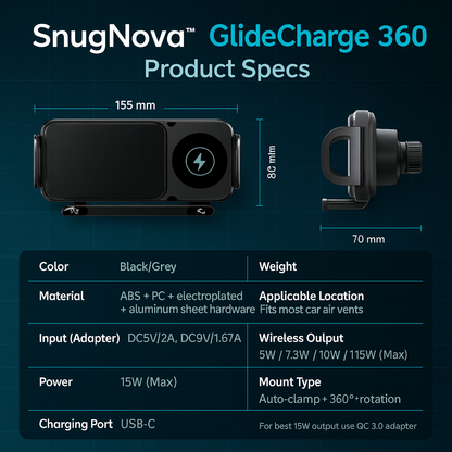 SnugNova™ GlideCharge 360 — Wireless Charging Car Mount